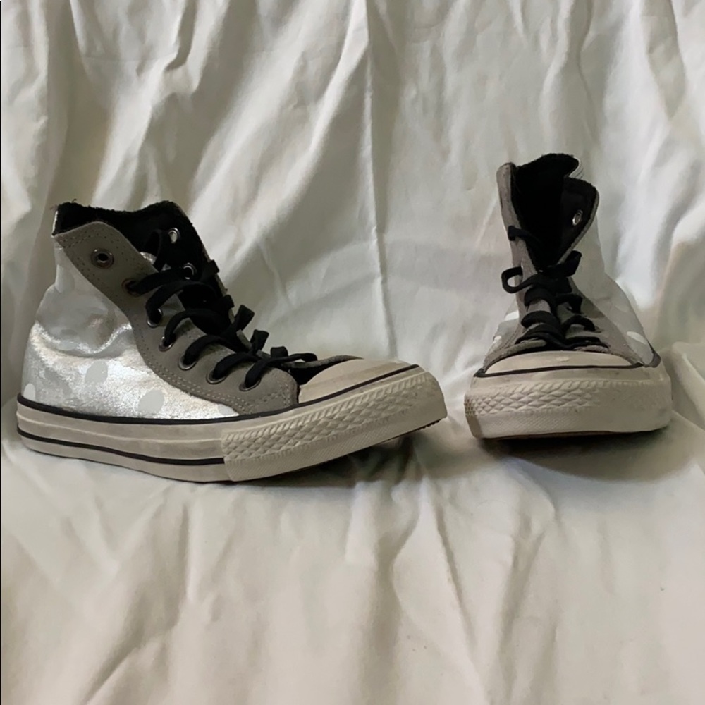 Silver Converse high tops with white polka dots
